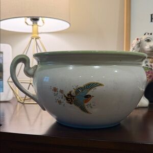 Antique Chamberpot with Bird Design - Green and Blue. Great condition!